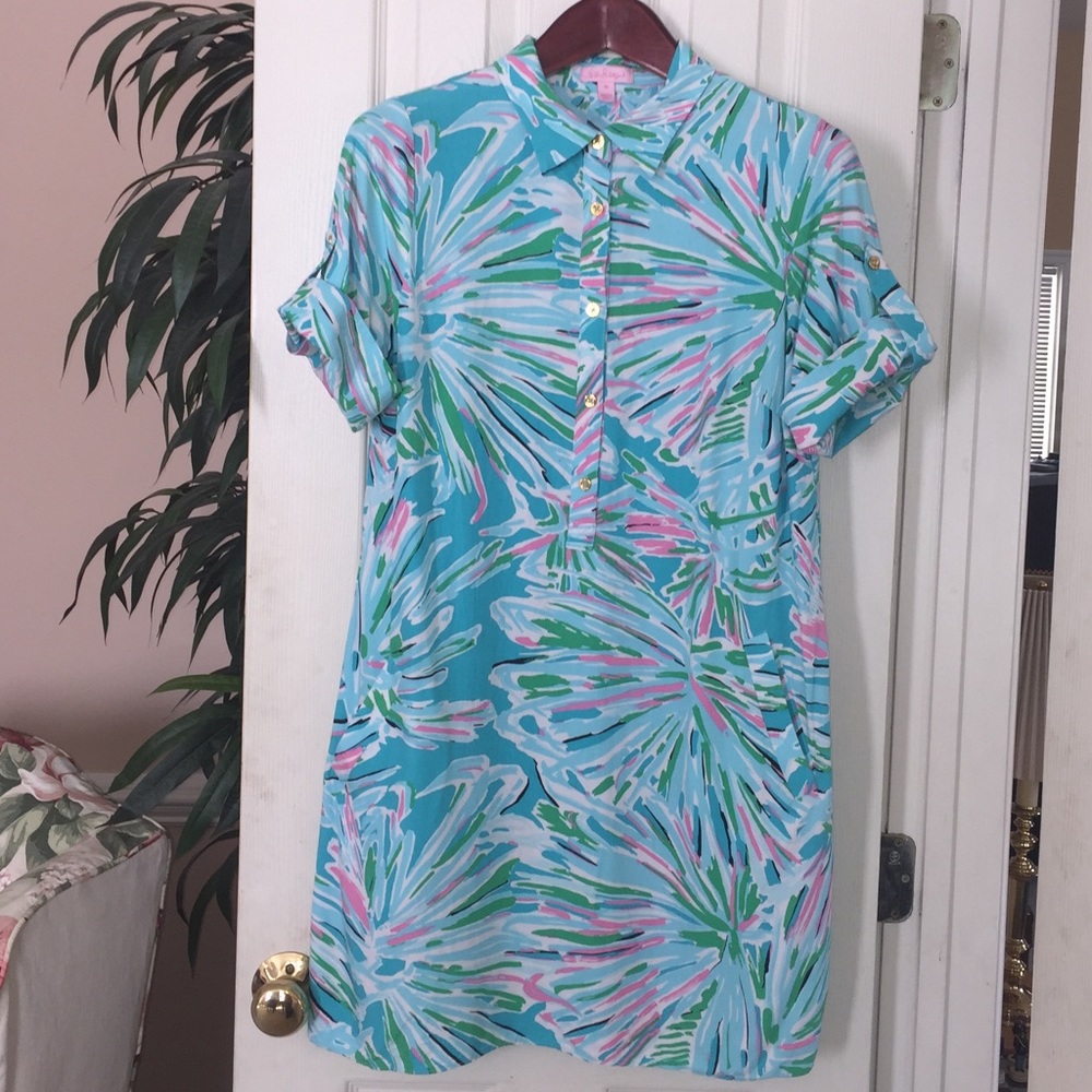 Lilly Pulitzer Elexa Shirt Dress Blue Green Sz 16